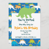 Groene en Blauwe Dinosaur Birthday Party Uitnodigi Kaart (Voorkant / Achterkant)