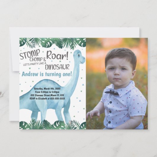 Groene en blauwe dinosaurus verjaardagsuitnodiging kaart (Voorkant)