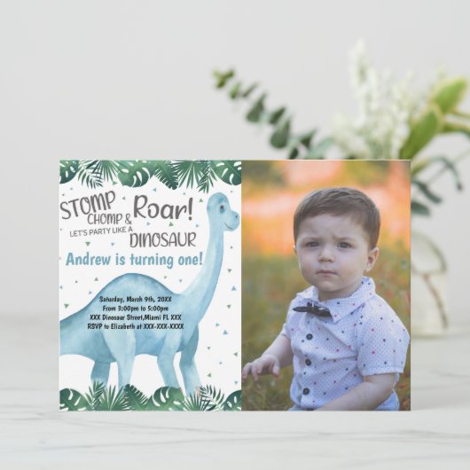 Groene en blauwe dinosaurus verjaardagsuitnodiging kaart (Staand voorkant)