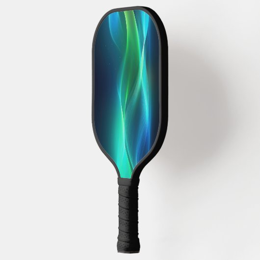 Groene en blauwe gloeiende golvende lijnen pickleball paddle (Links)