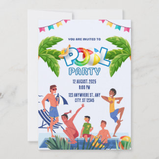 Groene en Blauwe Illustratieve Zwembadfeestje Kaart