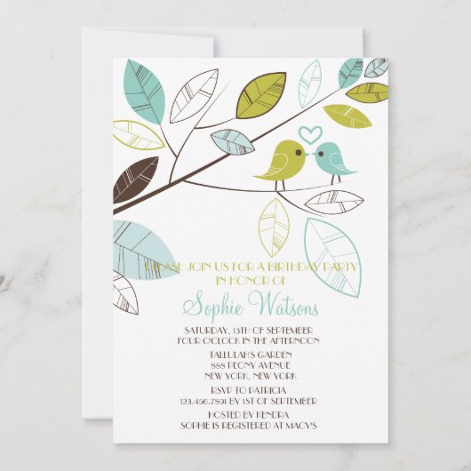 Groene en Blauwe Lovevogels Birthday Invitations Kaart (Achterkant)