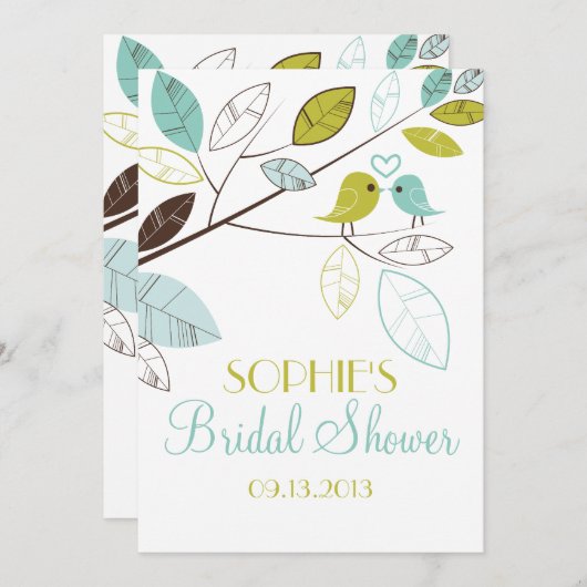 Groene en Blauwe Lovevogels Bridal Shower Invitati Kaart (Voorkant / Achterkant)