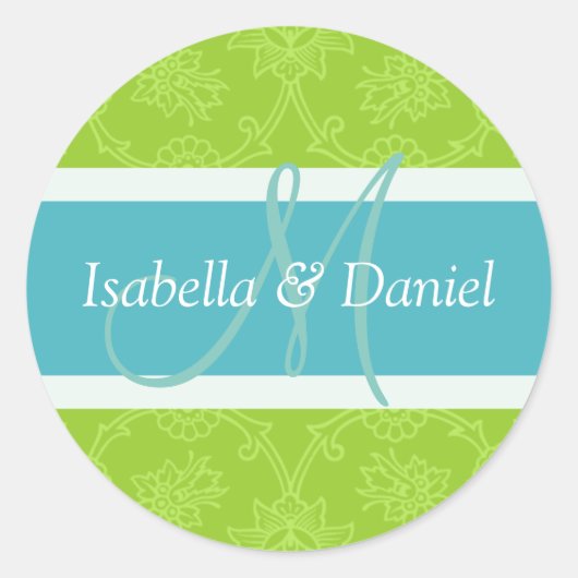 Groene en blauwe monogram zegelmerken ronde sticker (Voorkant)