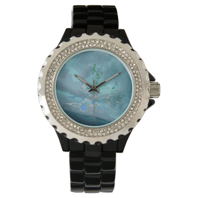 Groene en blauwe Muzieknoten Abstract Horloge (Voorkant)