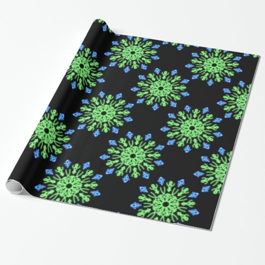 Groene en blauwe neonbloem cadeaupapier (Uitgerold)