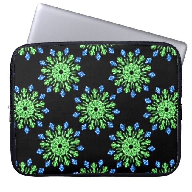 Groene en blauwe neonbloem laptop sleeve (Voorkant)