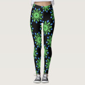 Groene en blauwe neonbloem leggings (Voorkant)