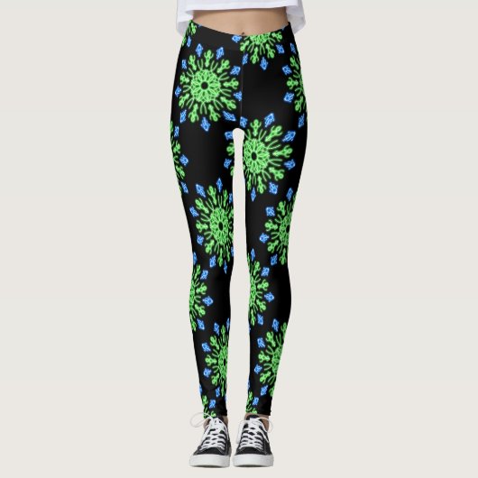 Groene en blauwe neonbloem leggings (Voorkant)