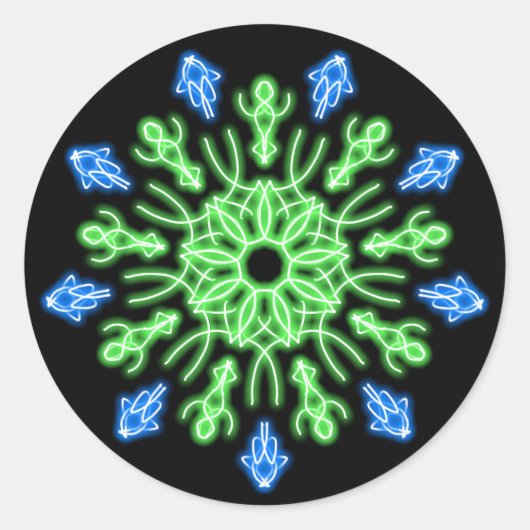 Groene en blauwe neonbloem ronde sticker (Voorkant)