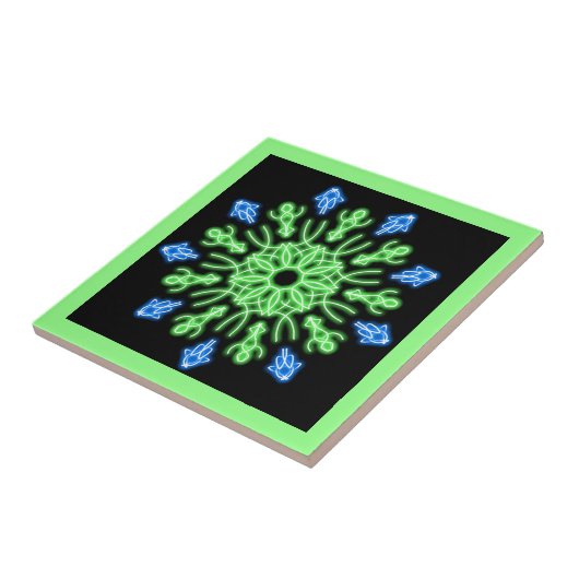 Groene en blauwe neonbloem tegeltje (Zijkant)