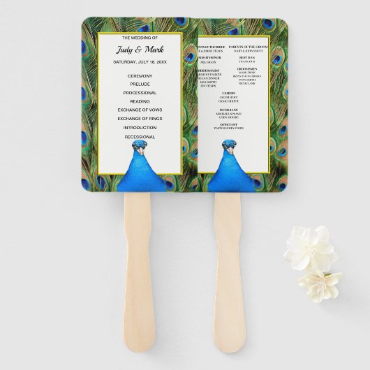 Groene en blauwe pauw bruiloft programma handwaaier (Voorkant en achterkant)