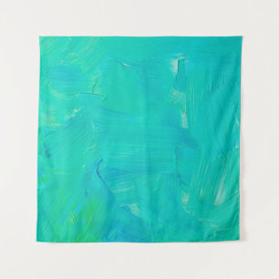 Groene en blauwe penseelstreken, abstract geverfd wandkleed