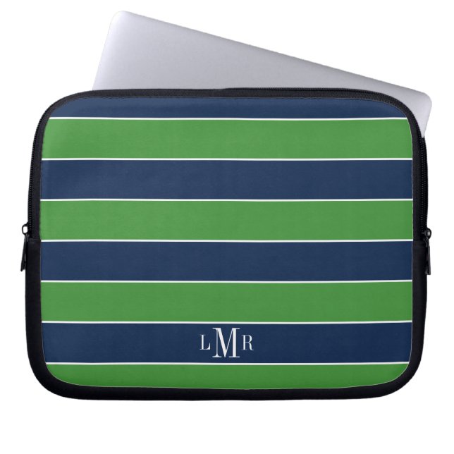 Groene en Blauwe Rugby Stripes Monogrammed Laptop Sleeve (Voorkant)