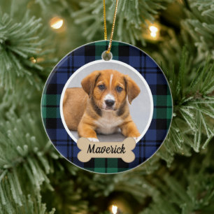 Groene en blauwe Schotse ruit Custom hondenfoto Keramisch Ornament