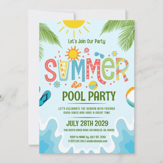 Groene en blauwe speelse zomerse poolparty-uitnodi kaart (Voorkant)