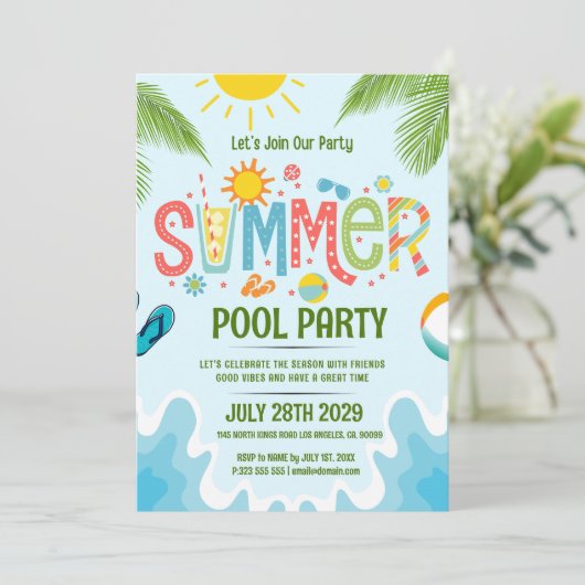 Groene en blauwe speelse zomerse poolparty-uitnodi kaart (Staand voorkant)