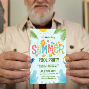 Groene en blauwe speelse zomerse poolparty-uitnodi kaart