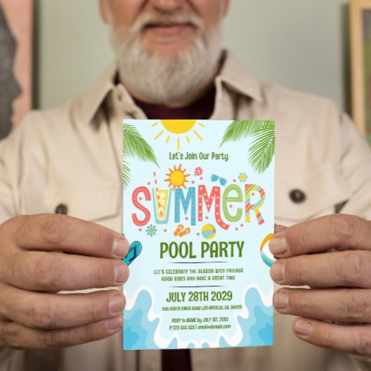 Groene en blauwe speelse zomerse poolparty-uitnodi kaart