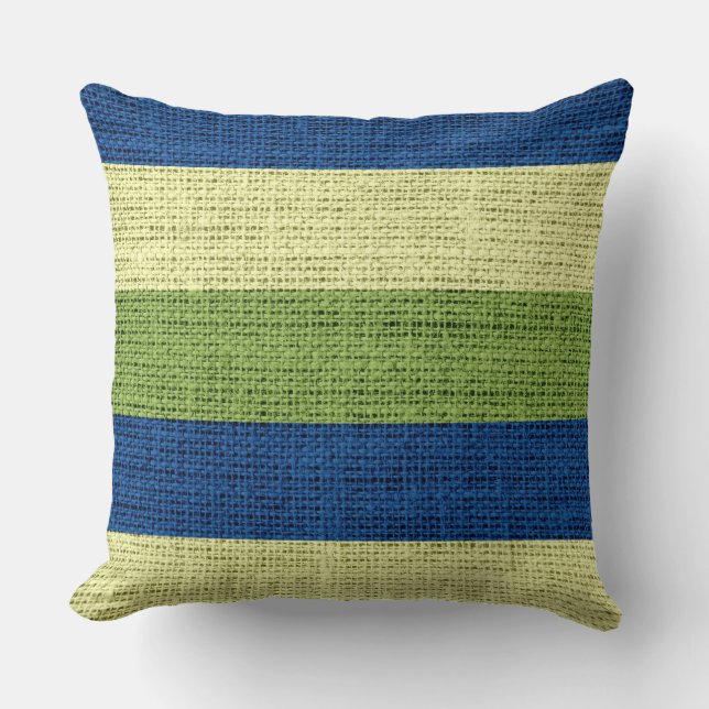 Groene en Blauwe Strepen Burlap Linen Rustieke Jut Kussen (Voorkant)