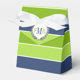 Groene en blauwe strepen en initialen bruiloft fav bedankdoosjes