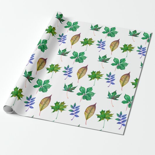 Groene en Blauwe Waterverf bladeren Cadeaupapier (Uitgerold)