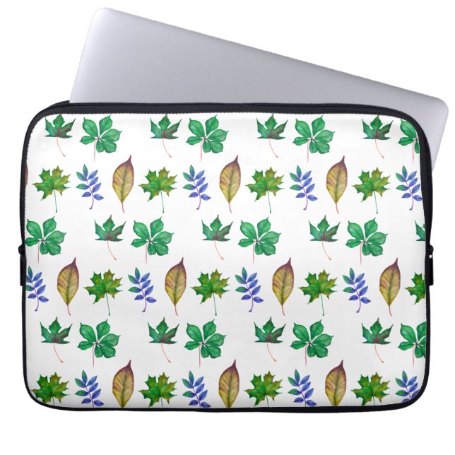 Groene en Blauwe Waterverf bladeren Laptop Sleeve (Voorkant)