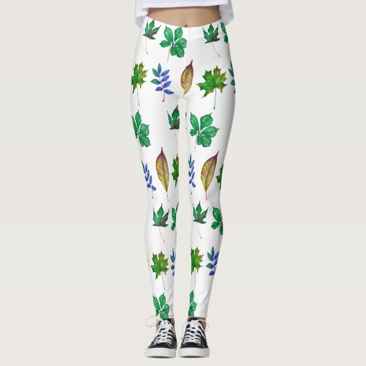 Groene en Blauwe Waterverf bladeren Leggings (Voorkant)