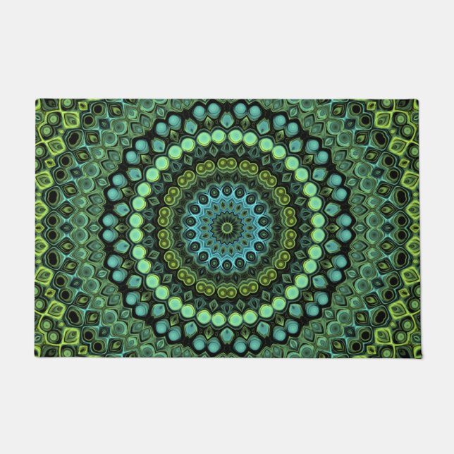 Groene en Blauwgroen Kaleidoscoop Mandala Patroon Deurmat (Voorkant)