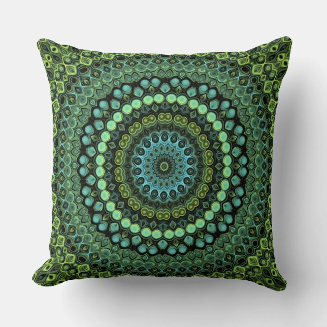 Groene en Blauwgroen Kaleidoscoop Mandala Patroon Kussen (Voorkant)