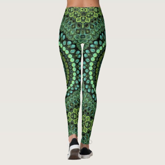 Groene en Blauwgroen Kaleidoscoop Mandala Patroon Leggings (Achterkant)