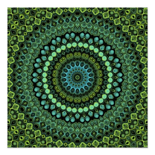 Groene en Blauwgroen Kaleidoscoop Mandala Patroon Perfect Poster (Voorkant)
