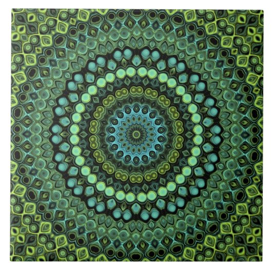 Groene en Blauwgroen Kaleidoscoop Mandala Patroon Tegeltje (Voorkant)