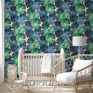 Groene en Blauwgroen tropische Monstera bladeren Behang