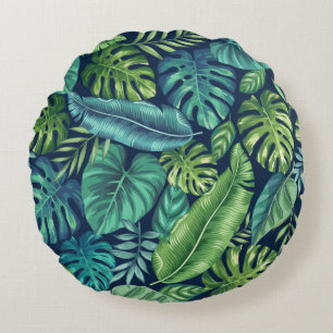Groene en Blauwgroen tropische palmbanaanmosterdbl Rond Kussen
