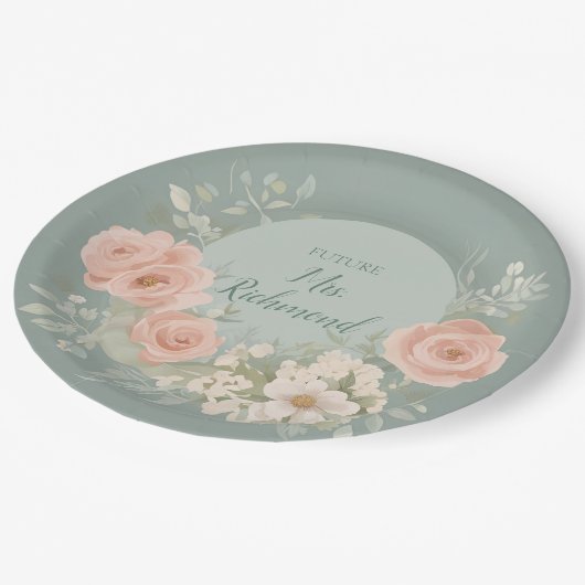 Groene en Blush Roze Bloemen Papieren Bordje (Gekanteld)