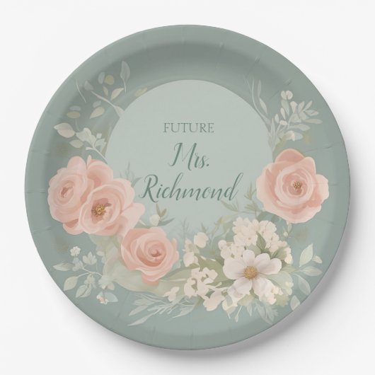 Groene en Blush Roze Bloemen Papieren Bordje (Voorkant)