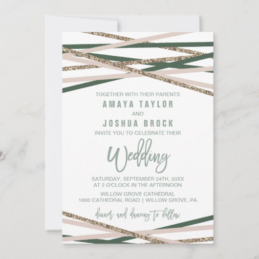 Groene en Blush Streamers Wedding Kaart (Voorkant)