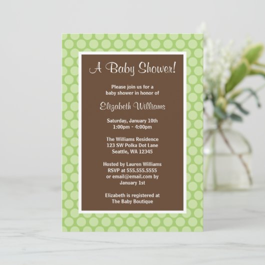 Groene en bruine poka Dots Baby Shower Invitations Kaart (Staand voorkant)