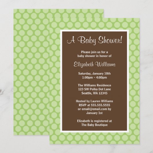 Groene en bruine poka Dots Baby Shower Invitations Kaart (Voorkant / Achterkant)