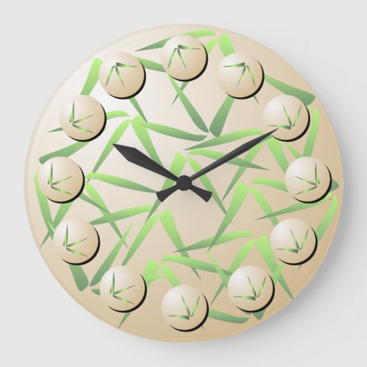 Groene en Cream Bamboe Leaf Wall Clock Grote Klok (Voorkant)