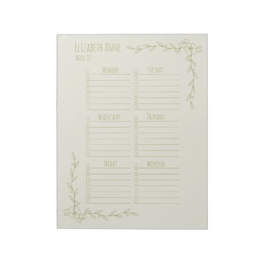 Groene en Crème Bloemige Weekplanner Notitieblok (Linkerzijde)