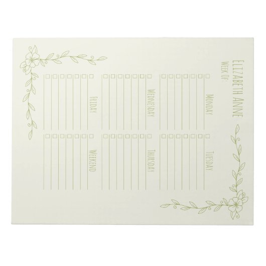 Groene en Crème Bloemige Weekplanner Notitieblok (Voorkant)