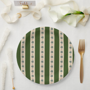 Groene en Crème Strepen en Bloemen Papieren Bordje