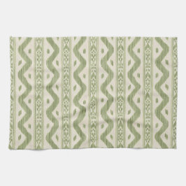 Groene en crèmekleurige Ikat keukenhanddoek, gewev Theedoek
