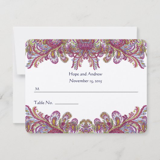 Groene en frambozen damast huwelijksplaatskaart kaart (Voorkant)