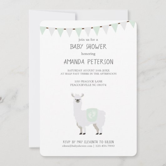 Groene en gebroken-witte Baby shower Neutrale Llam Kaart (Voorkant)