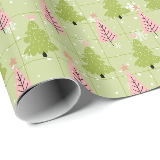 Groene en Gebroken Witte Kerstbomen Roze Kerstmis Cadeaupapier (Rol Hoek)
