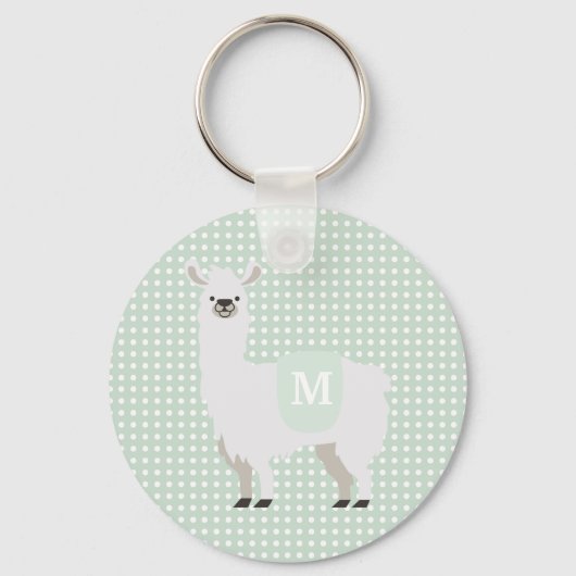 Groene en gebroken witte poka Dot Cute Llama Sleutelhanger (Voorkant)