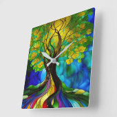 Groene en gele Bladeren Boom van Leven Vierkante Klok (Hoek)